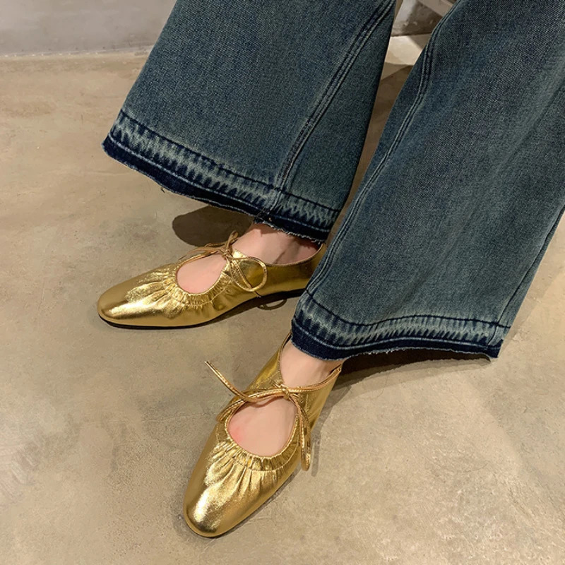 Women Flat Soft Laceup Loafers Female Spring Fashion Silver Mary Jane Single Shoes Ladies Casual Dress Outdoor Ballet Shoes 251017