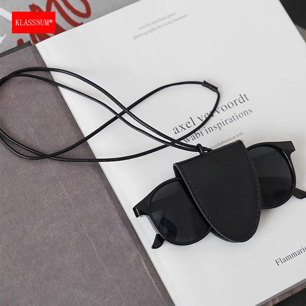 KLASSNUM Neck Glasses Case Genuine Leather Magnetic Neck Hanging Glasses Bag Necklace Trendy Portable Glasses Clip Pendant 251016