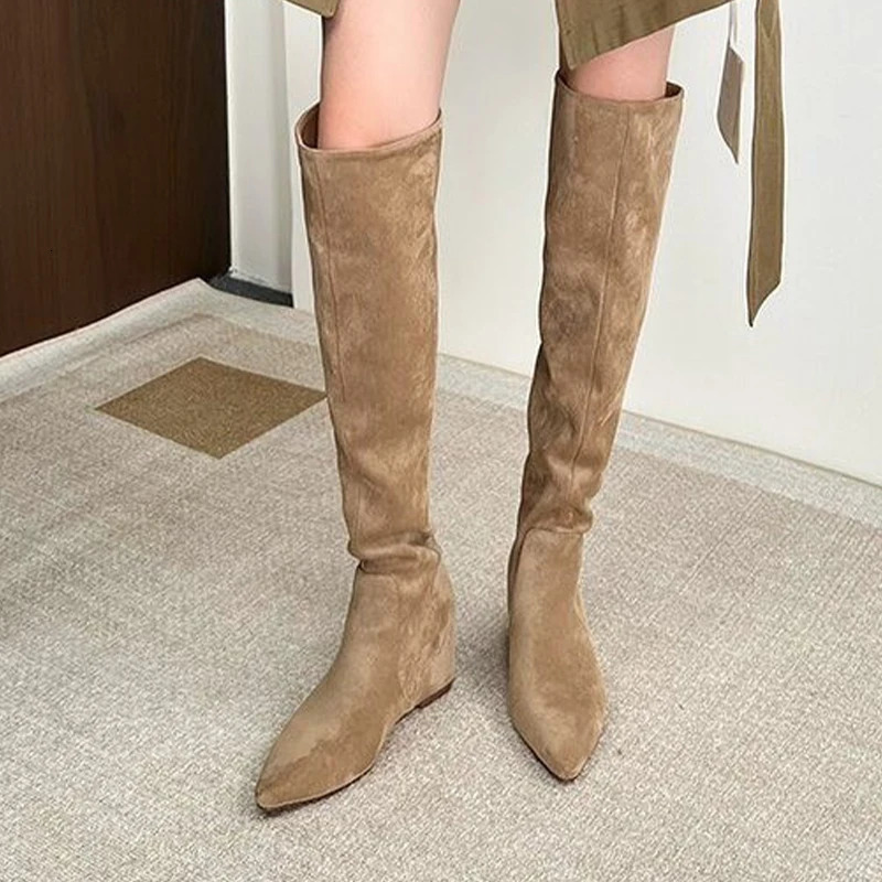 Wedges Women Long Boots Suede Fashion Pointed Toe Shoes Knee High Woman Winter Boots Dress Femme Botas 251011