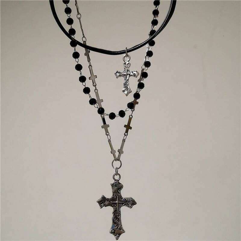 Gothic Punk Y2K Metal Cross Pendant Necklace For Women Men Lovers Vintage Multi Layer Bead Necklaces 90s EMO Charm Jewelry Gift