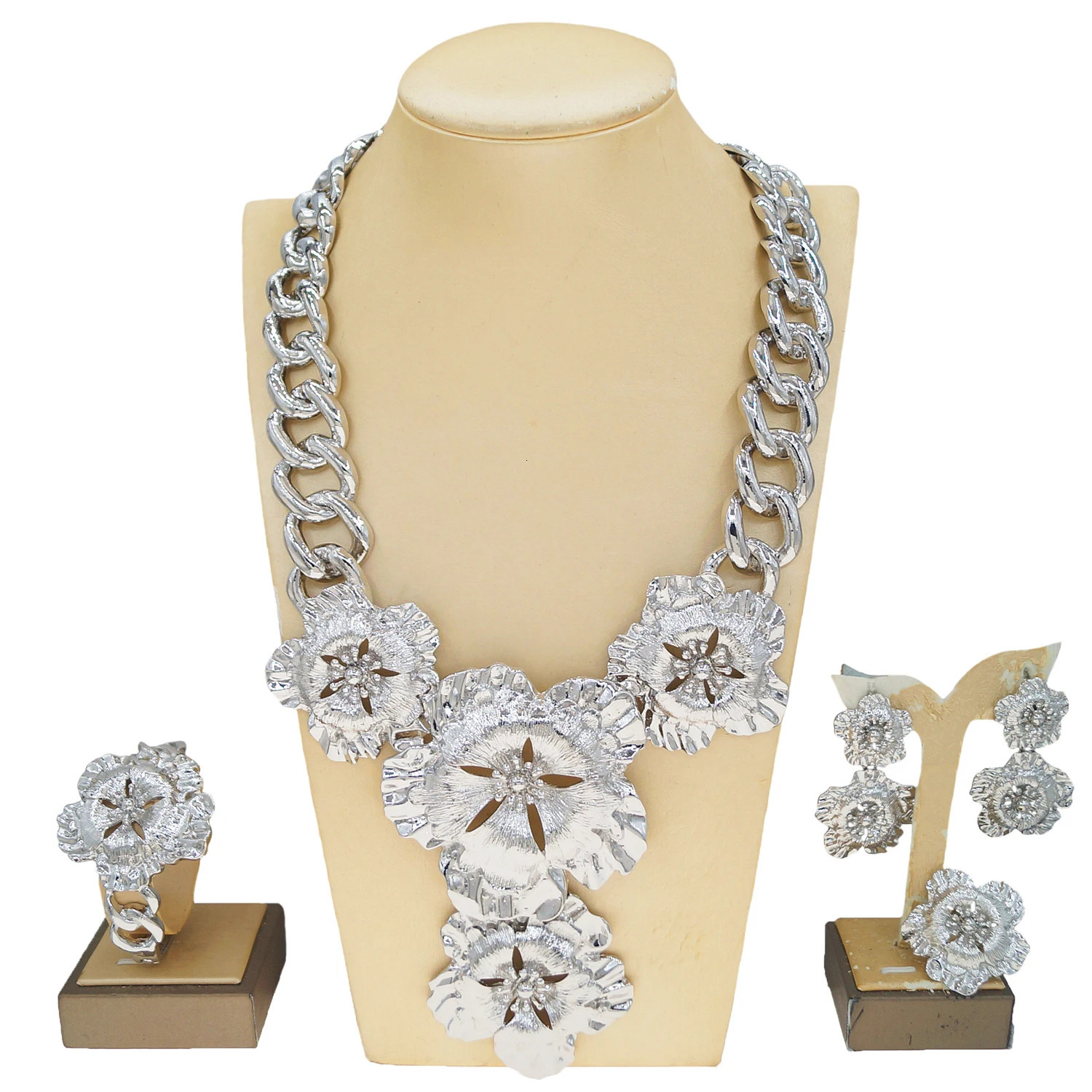 Necklace For Women Fashion Cuban Chain Necklace Gold Flower Pendant Wedding Bijoux Gold Plated Earrings Ring SYHOL 251016