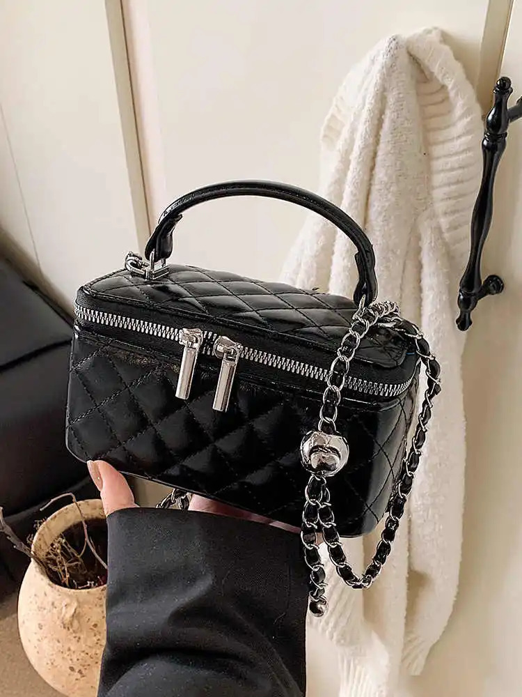 Box Shaped Sense Chain Crossbody Bag Womens PU Single Shoulder Bag Solid Color Leather Handheld Makeup Box Bag 251017