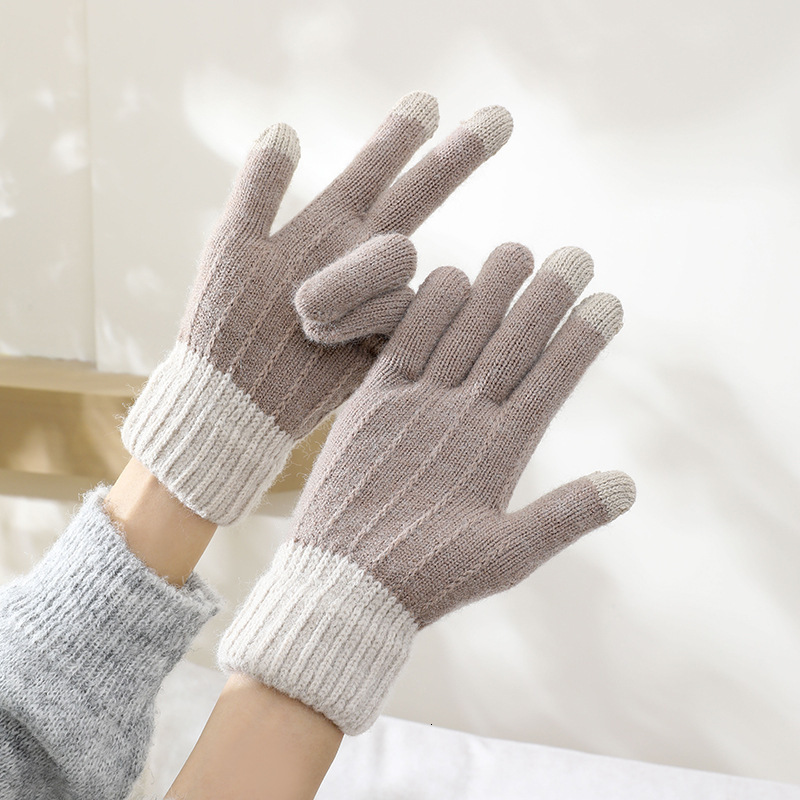 Korean Version Winter Warm Wool Windproof Adult Fleece Lined Thickened Five-Finger Touchscreen Knitted Cold-Proof Cycling Outdoor Gloves