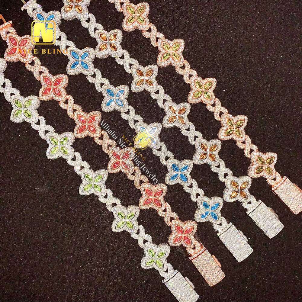 12 Options Colorful Flower Bracelet Ready Stock Hip Hop Fancy Dia Cuban Link Chain Moissanite Sier