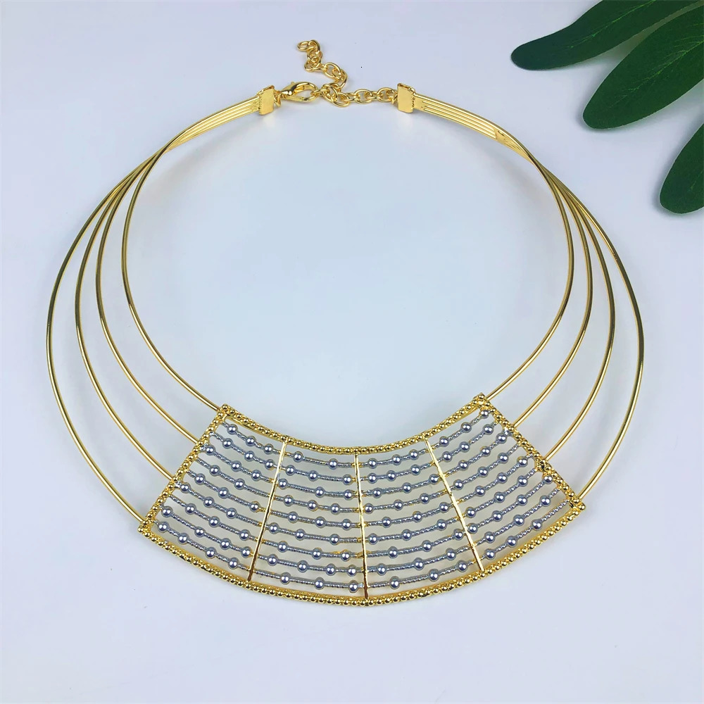 Geometric Two Tones Collar 4Pcs Jewelry Set for Women Chunky Necklace Drop Earrings Bracelet Ring Bridal Wedding Party Gifts 251016
