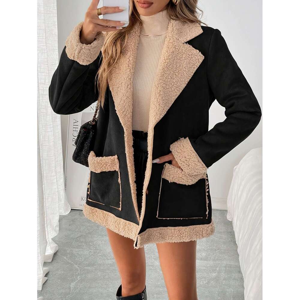 Elegant Women's Fleece-Lined Polyester Blazer, Solid Color, Long Sleeve, Woven Fabric, For All-Season Jacket