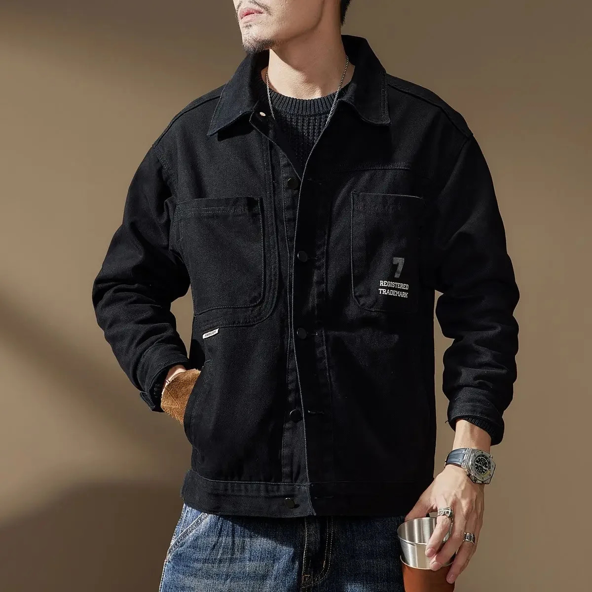 Cargo Plus Size Mens Denim Jacket Autumn Wide Sleeves with Print Male Jean Coats er Japanese Retro Low Price of Fabric L 251014