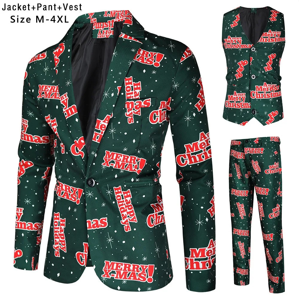 Suit for Men Christmas Day Party Prom Slim Fit 3 Pieces BlazerVestTrousersXmas Tree Print Dress Up Male christmas Suits Sets 251016
