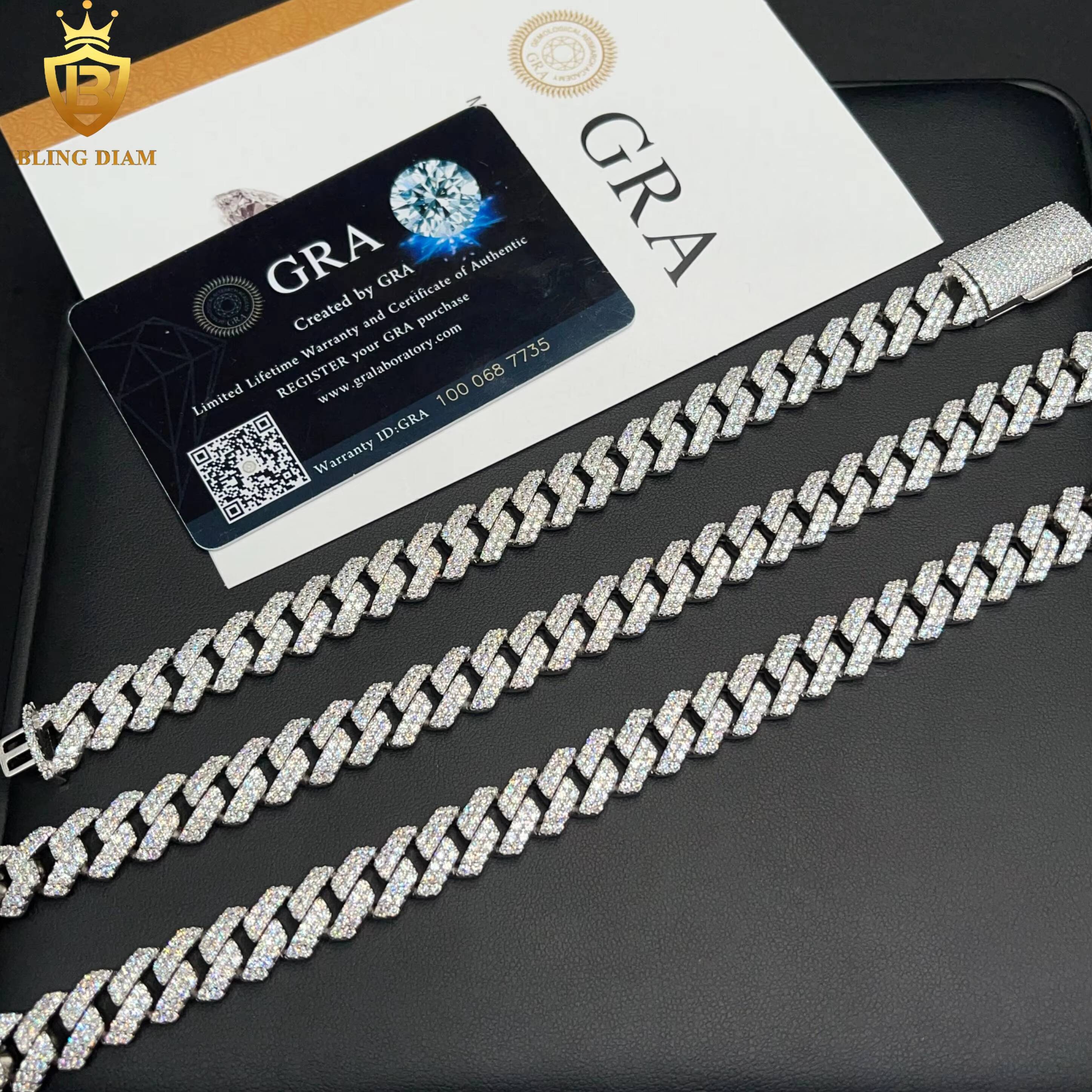 12 mm Hip Hop Rapper Jewelry 2 Rows Iced Out High Quality Miami Cuban Link Chain Vvs Moissanite 925 Silver for Men Necklace