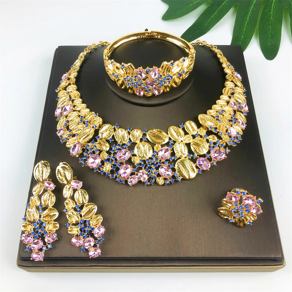 ESALE Vintage Opal Jewelry Set For Women Necklace Earrings Bracelet And Ring 18K Gold Plated Dubai Nigeria Jewelry 251016