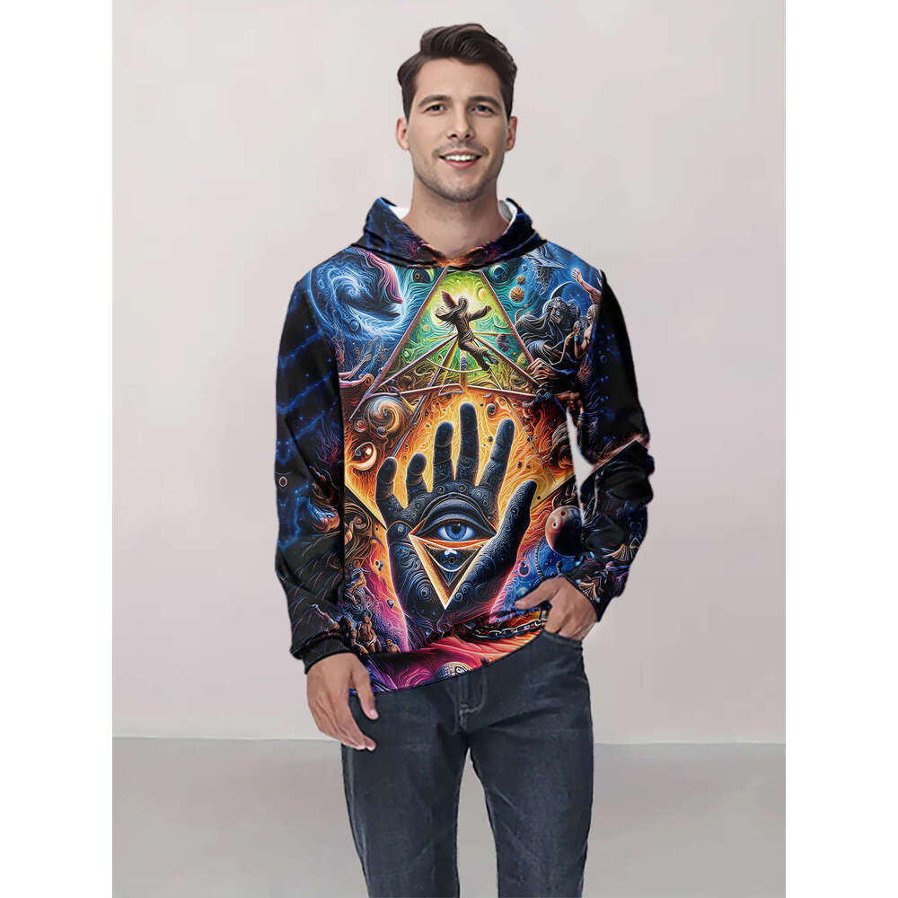 Men's Hooded Sweatshirt Psychedelic 60S Retro Graphic Pullover With Mystical Eyes, Cosmic Swirls Warm Winter Hoodie For Everyday & Themed Events 