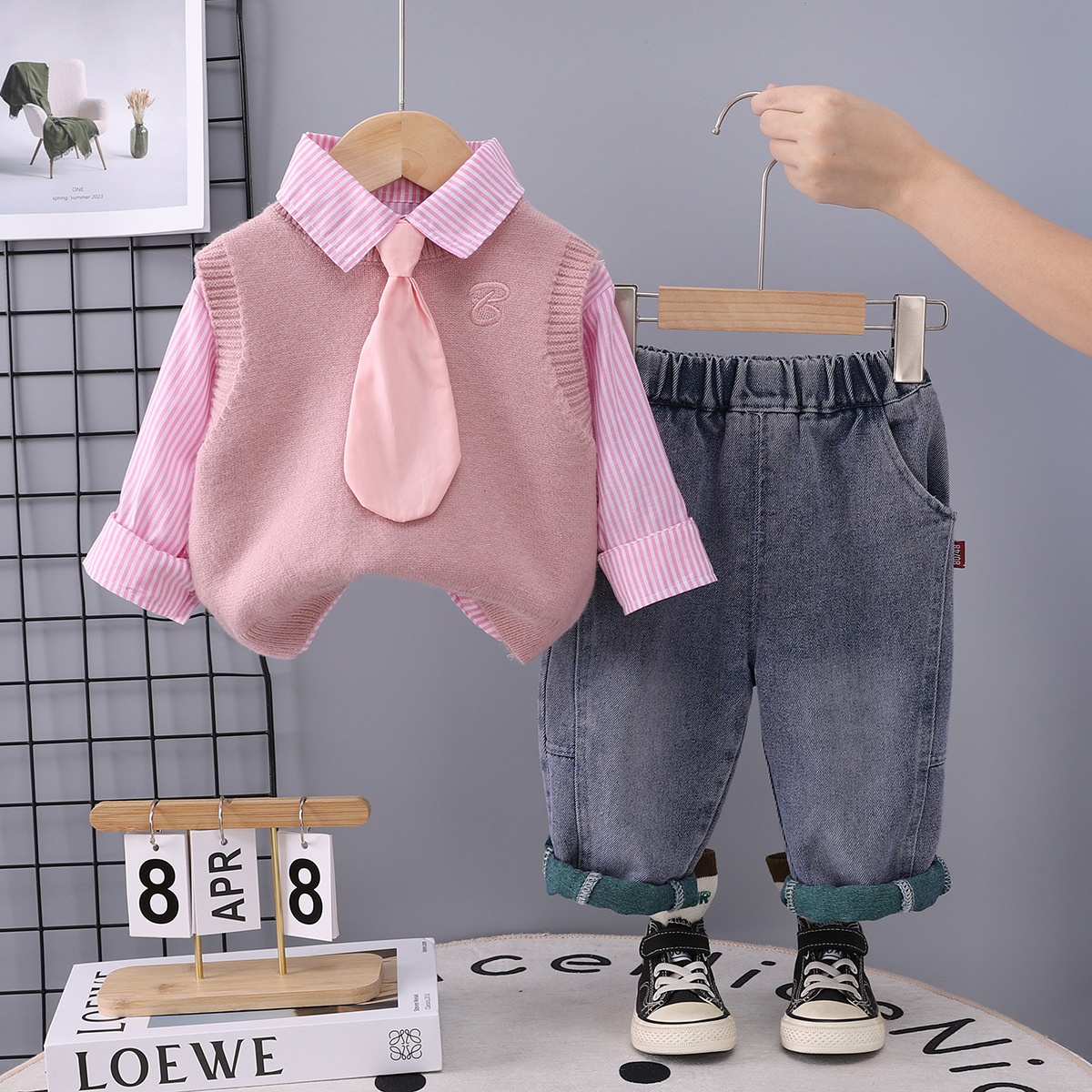 Boys' autumn solid color sweater vest three piece set 2025 new baby spring autumn knitted children's Korean version set free shipping design