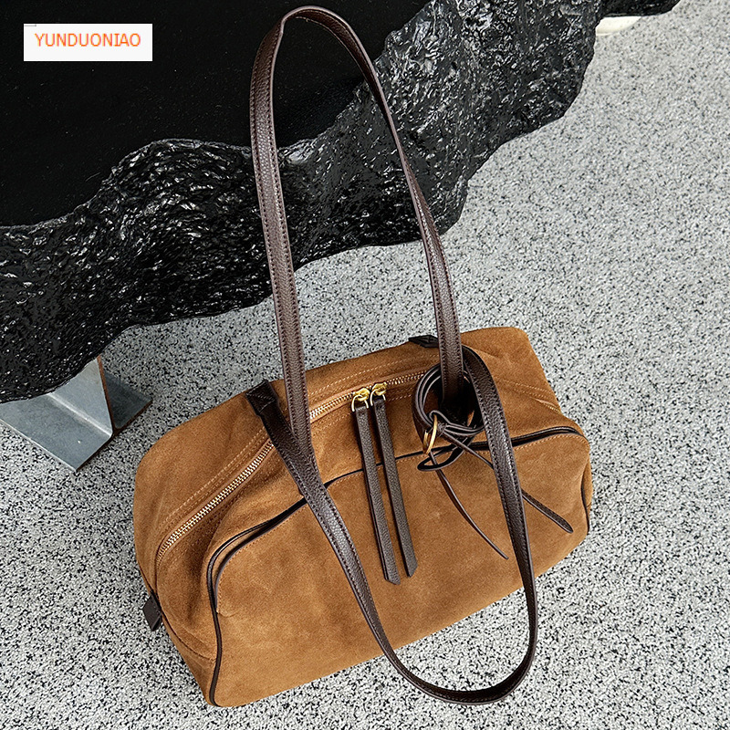 Matte texture women's shoulder bag cowhide bowling bag genuine leather 2025 new luxury commuting handbag autumn and winter new designer bag