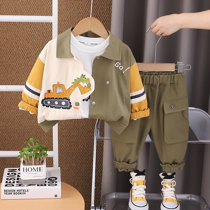 Boys' autumn fashion cartoon excavator three piece set, baby's autumn handsome baby clothes trendy children's fashion free shipping