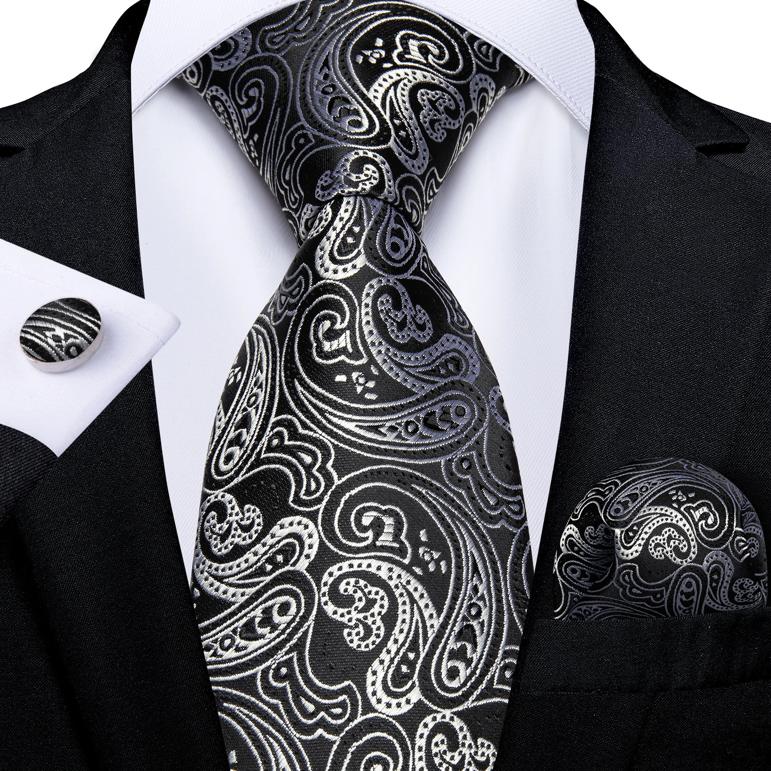 Black And Silver Paisley Floral Mens Ties Gray Blue Pink Wedding Accessories Neck Tie Set Handkerchief Cufflinks Gift For Men 251014