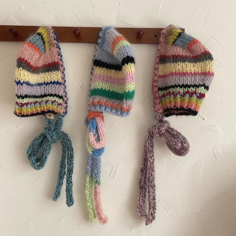 Color Striped Ear Protector Balaclava Hat Winter Hand Crocheted Contrast Color Neck Tie Pullover Beanies Cap for Women 251014