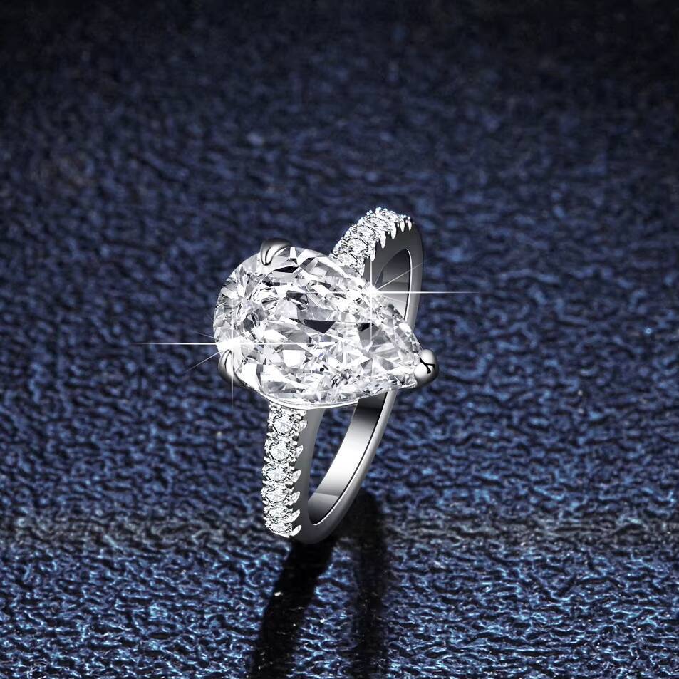 GRA Certified Tester Diamond Pear Cut 4 Carats Real Silver Ring Engagement Wedding Moissanite Ring for Women