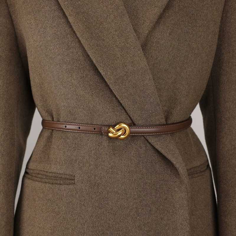 Premium Genuine Leather Womens Belt with Elegant Metal Knot Buckle Perfect for Dresses and Jeans W251018