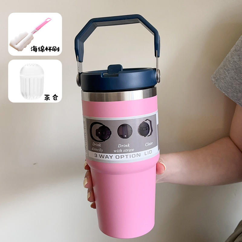 large capacity portable car cup stainless steel thermos cup with straw handle travel sports water bottle vacuum flask
