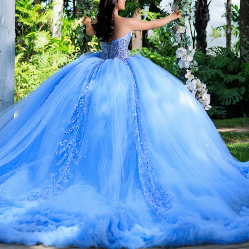 Sky Blue Shiny Quinceanera Dresses Off The Shoulder Sequin Beading Crystal Corset Tull Party Birthday Sweet 16 Dres Vestidos 15 De Anos