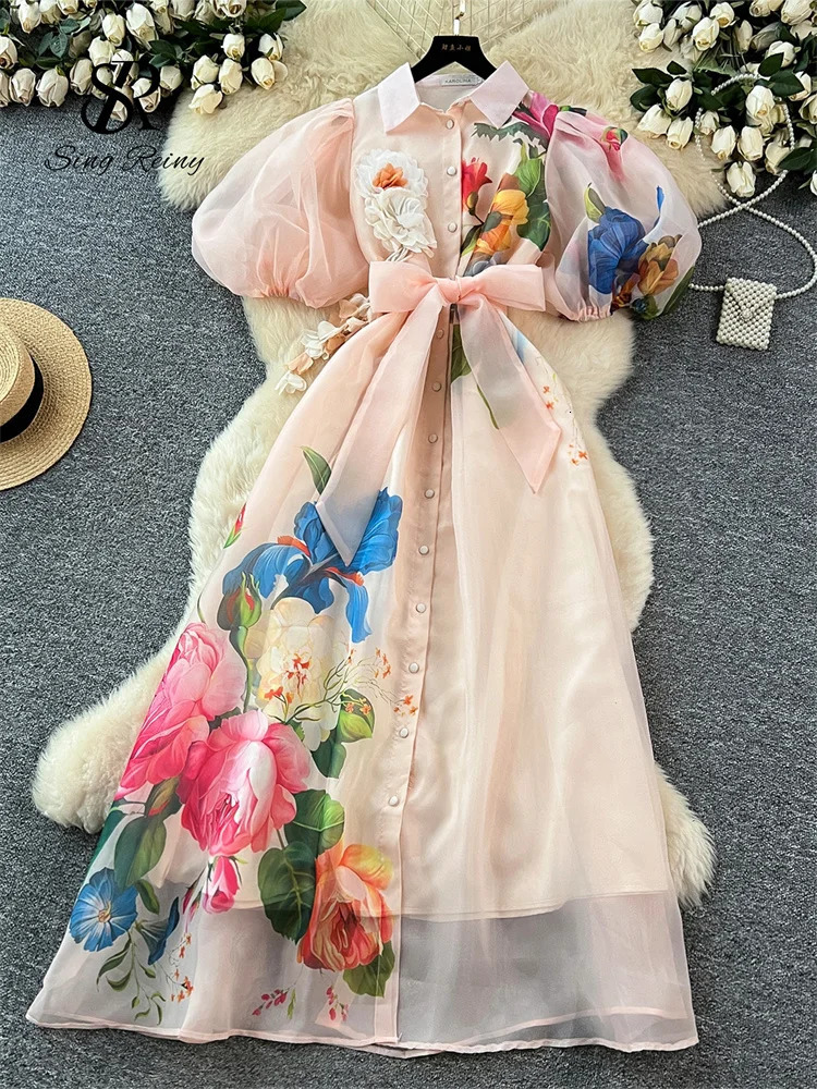 SINGREINY Original 3D Floral Organza Long Dress Female Lapel Short Sleeves High Quality French Vintage Print Maxi Dress 251018
