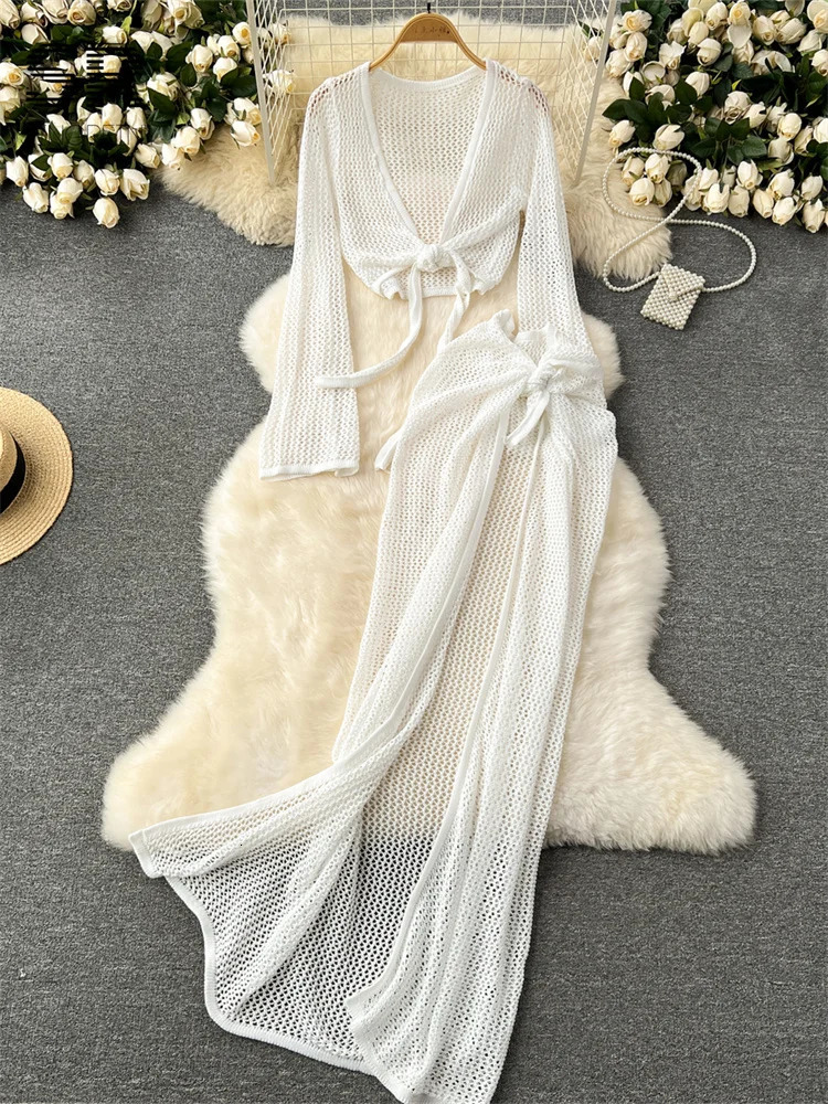 SINGREINY Vacation Two Piece Set Women Long Sleeve V Neck Short Top Adjustable Waist Split Long Skirt Knit Summer Beach Suit 251014