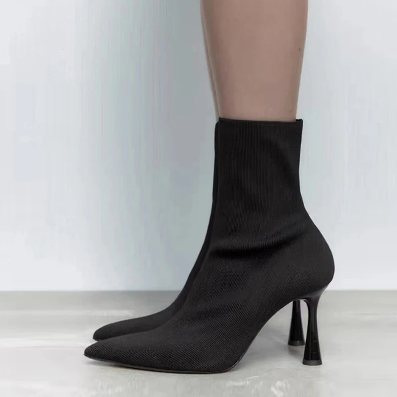 Liyke Woman Black Knitting Stretch Fabric Sock Boots Elegant Pointed Toe Ankle Boot High Heels Party Prom Shoes Size 40 251011