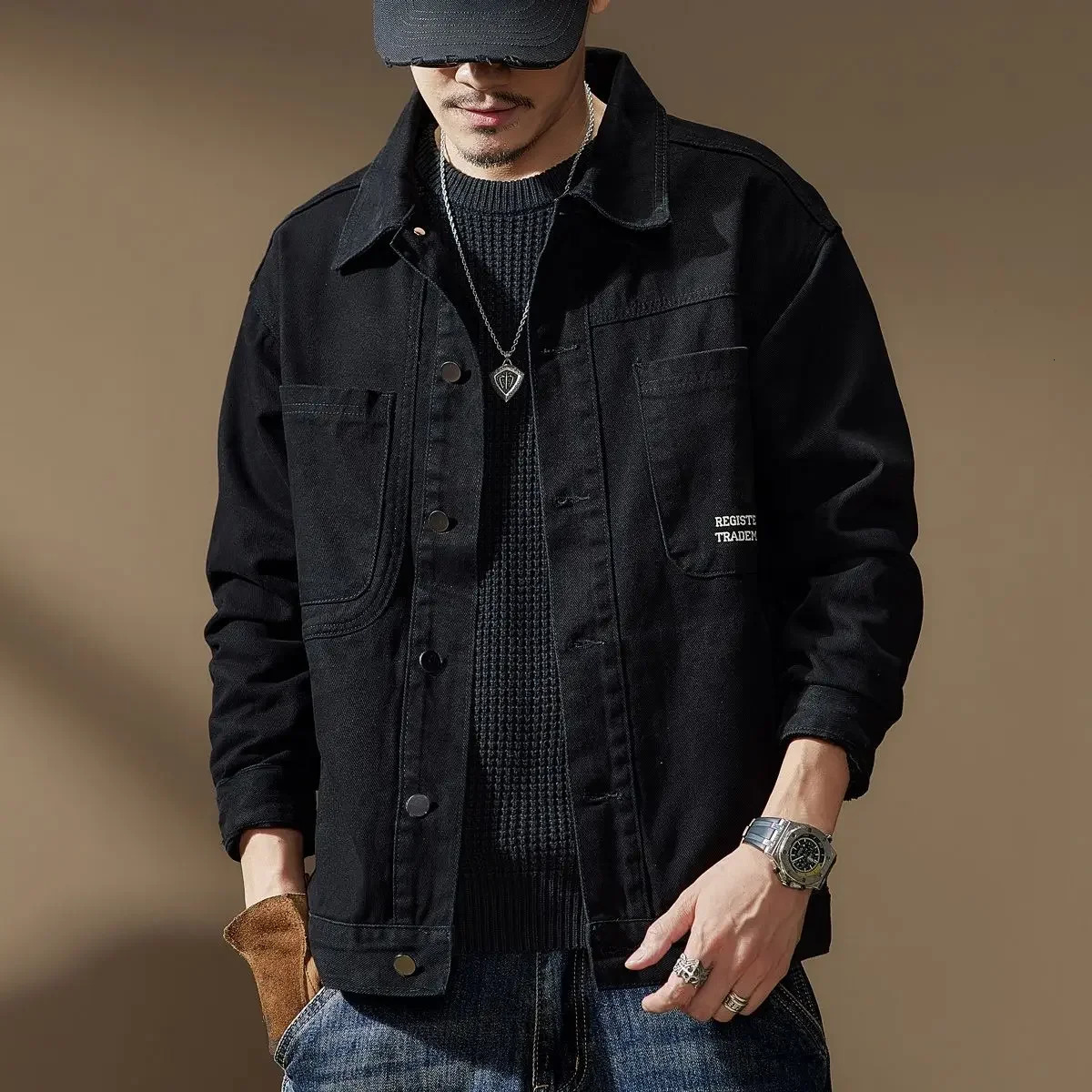 Cargo Plus Size Mens Denim Jacket Autumn Wide Sleeves with Print Male Jean Coats er Japanese Retro Low Price of Fabric L 251014