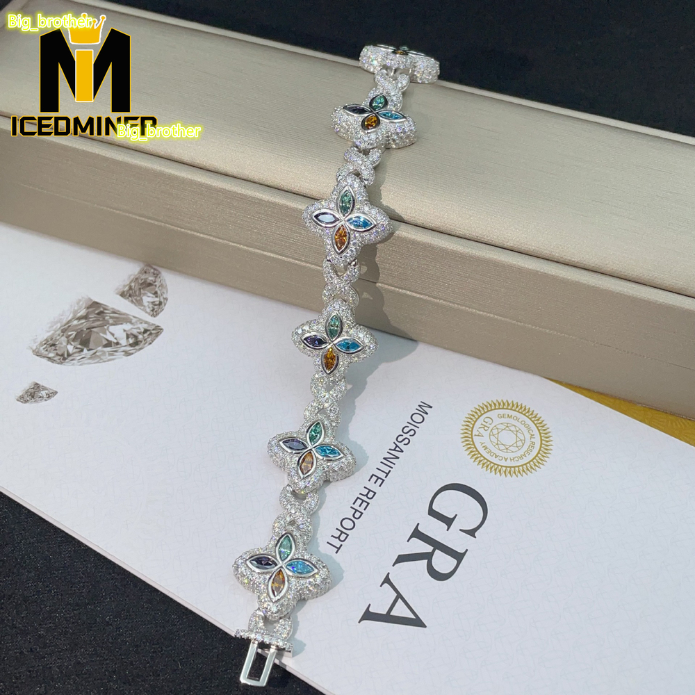 New Arrive Beautiful Flower Chain Bracelet Iced Out Chain Hip Hop Jewelry Moissanite S925 Silver Cuban Chain Bracelets With GRA