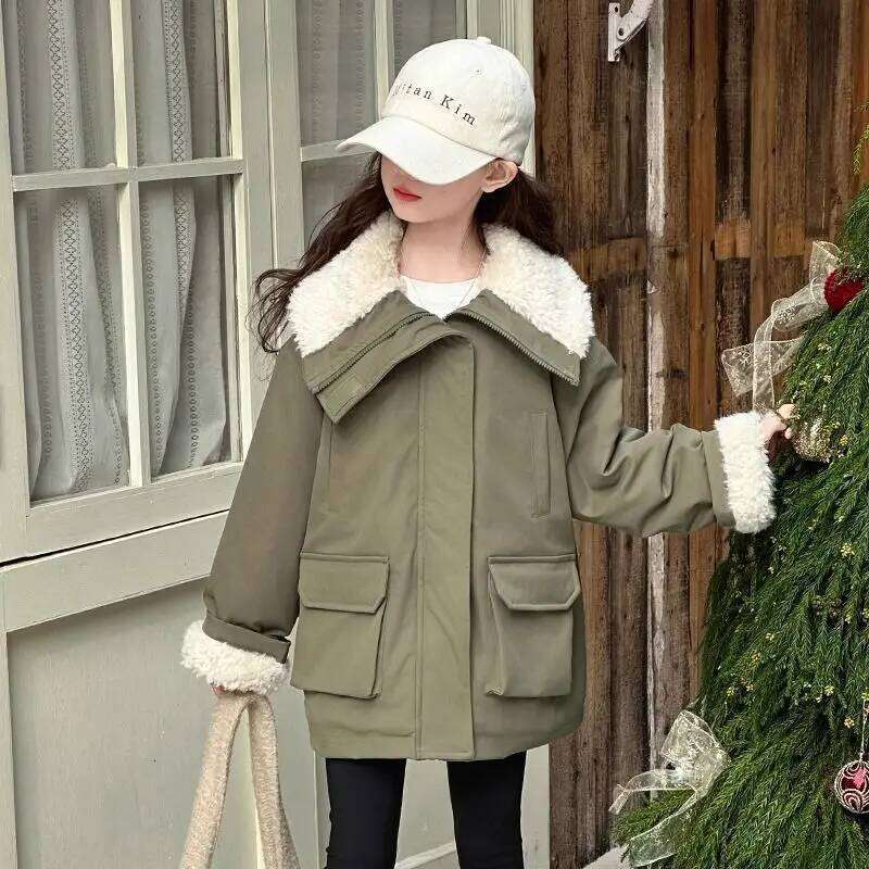 Thickened Fleed Collared Korean Style Cargo Jacket For Big Kids Girls Warm & Insulated Outdoor Winter Coat