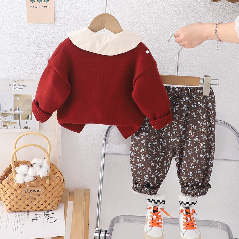 Girls' Spring Set Spring and Autumn New Knitted Bow Sweater Long Sleeve Casual Three piece Set for Small and Medium sized Children Trendy free sh