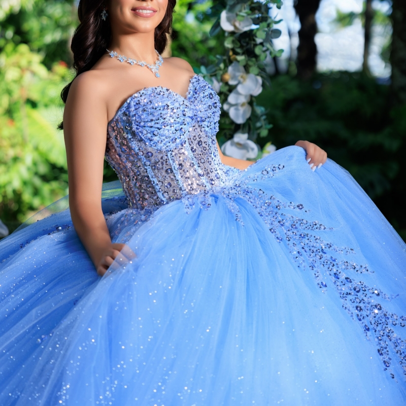 Sky Blue Shiny Quinceanera Dresses Off The Shoulder Sequin Beading Crystal Corset Tull Party Birthday Sweet 16 Dres Vestidos 15 De Anos