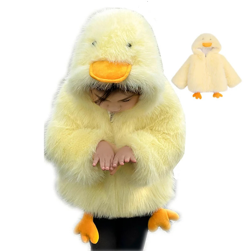 Baby Girl Cute Duck Pattern Fur Coat With Hood Wool Blends Jacket For Child Autumn Winter Kids Cartoon Duck Clothes 2 4 5 7 9 11 251015