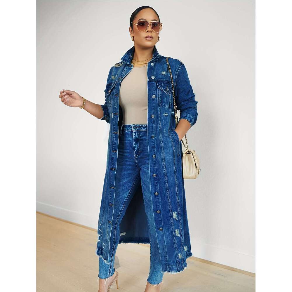 VOCKOO Women's Casual Faux Denim Trench Coat, Sleeve, Solid Color, Non-Stretch, Long Length, With Washed Detail, For Fall/Winter Collection