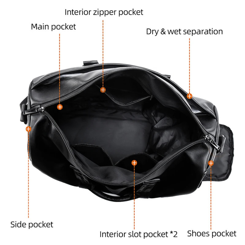 Large Sports Fitness Bag with Shoes Pocket for Men Black Soft Leather Big Gym Handbag Outdoor Sports Luggage Pack Tote Bags 251015