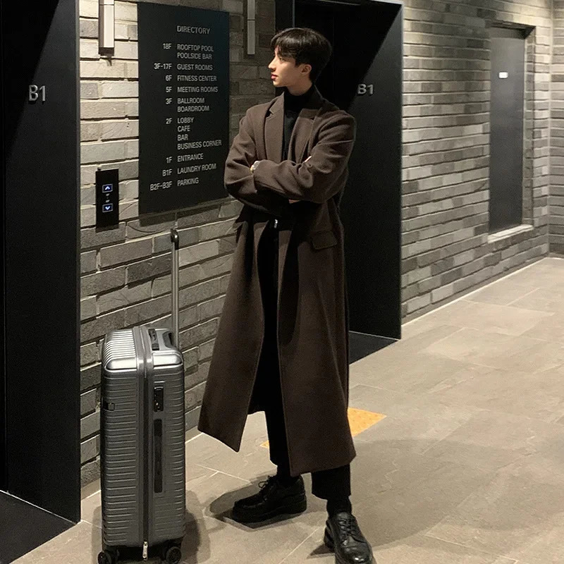 Mens Autumn and Winter Fashion Long Wool Woollen Coat Korean Version of Solid Color Loose Casual Tweed Trench with Belt 251017