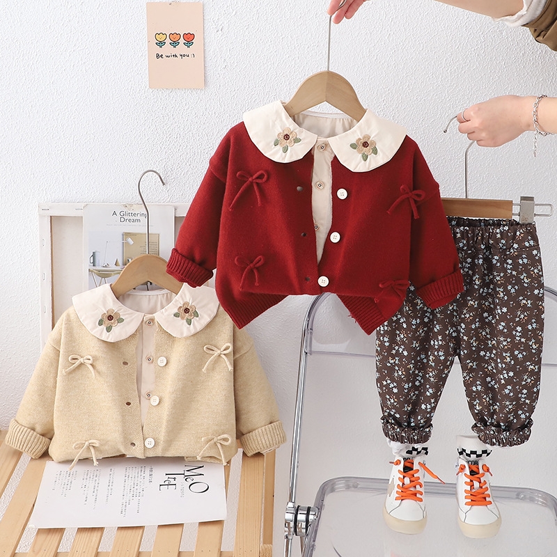 Girls' Spring Set Spring and Autumn New Knitted Bow Sweater Long Sleeve Casual Three piece Set for Small and Medium sized Children Trendy free sh