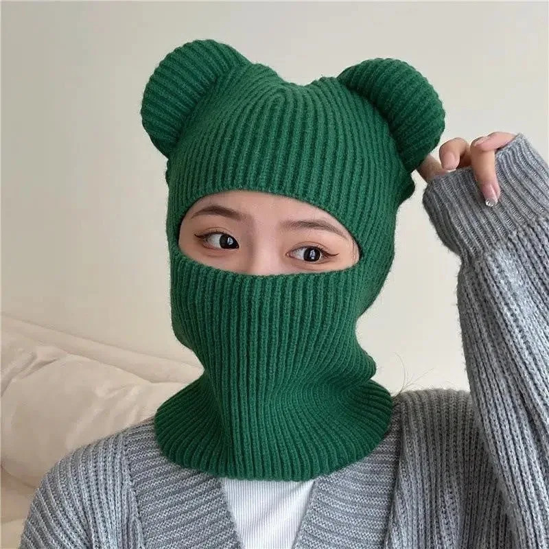 Womes Cute Full Face Cover Ski Mask Hat with Bear Ear Balaclava Knitted Hats Windproof Skullies Beanies Bonnet Winter Warm 251014