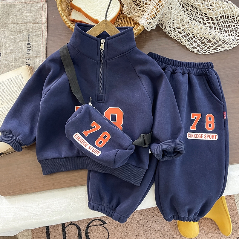 Boys' Winter Set Casual New Style 2025 Autumn/Winter Children's Clothing Half Zipper Sports Hoodie Two Piece Set free shipping