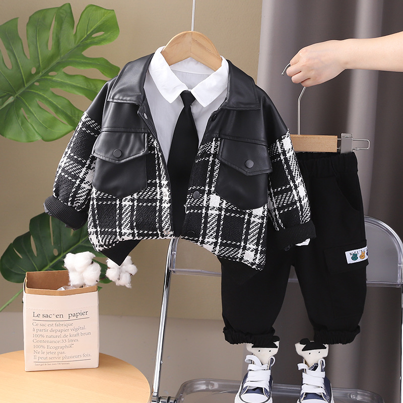 Boys' Autumn Clothing Set 2025 New Baby Korean Edition Clothes Boys' Spring and Autumn Tie Splicing Three Piece Set free shipping designer