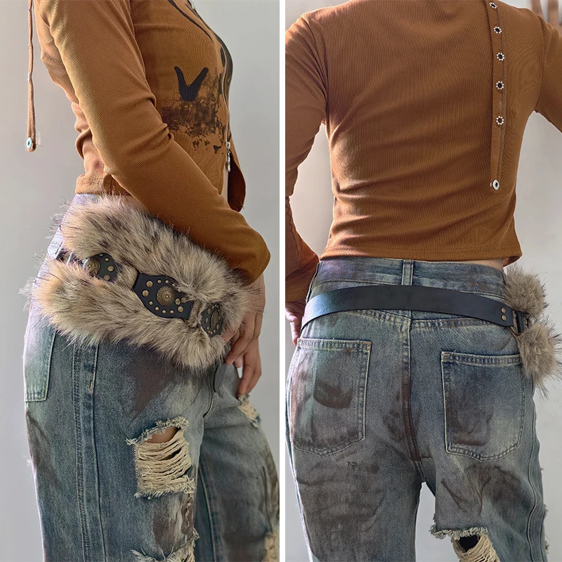 Vintage Faux Fur Belts Y2K Metal Bead Chain Plush Waist Chain Furry Fur Sexy Cowgirl Waistband Punk Belt Jeans for Night Club 251016