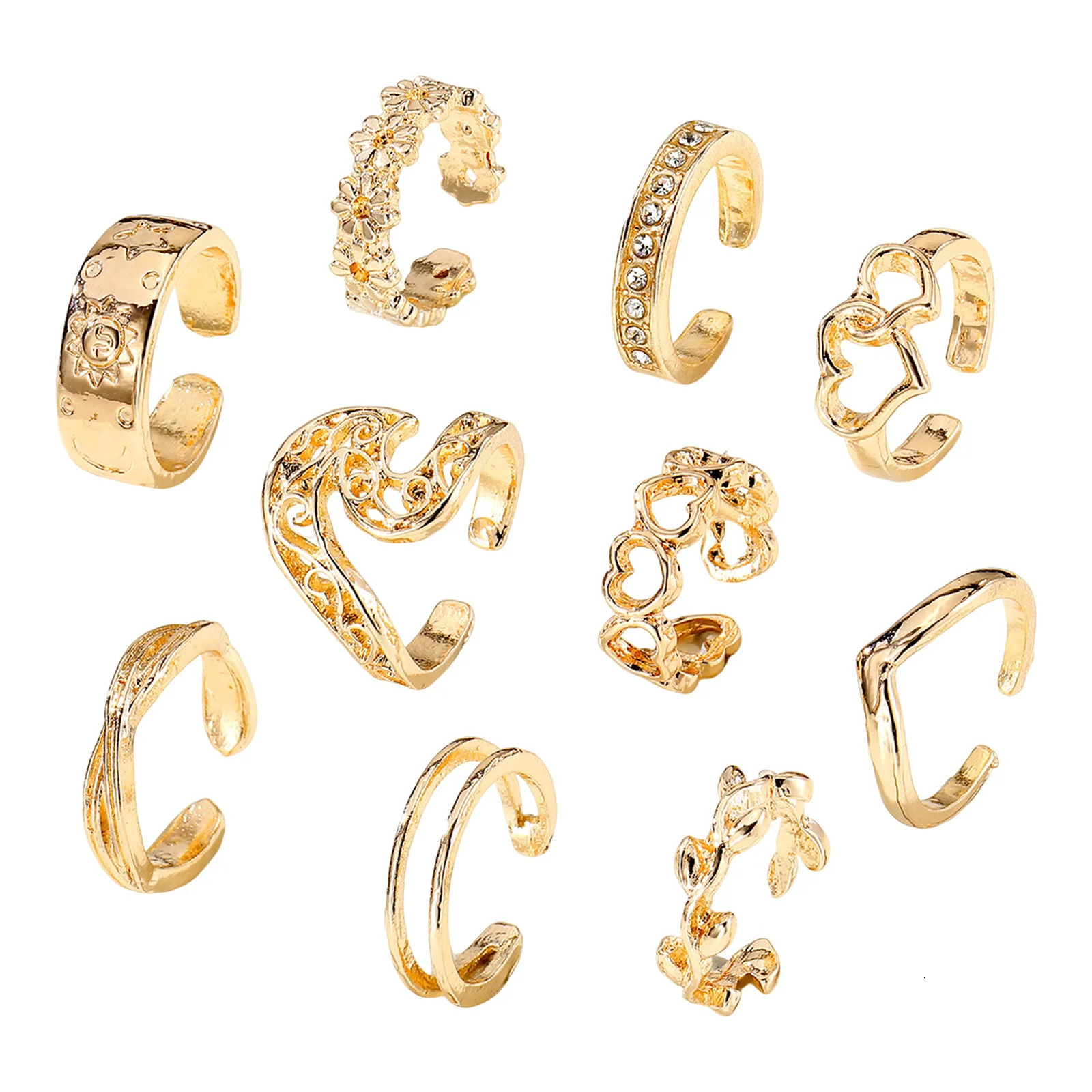 10Pcs Adjustable Toe Rings for Women Gold Color Metal Foot Rings Love Heart Flower s for Girls Summer Beach Feet Jewelry 251014