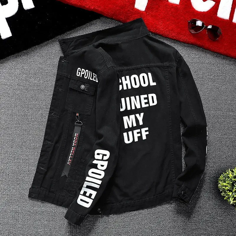 Male Jean Coats Button Punk Mens Denim Jacket Red Slim Fit With Print Worn Large Size Trendy Korean Style er Cowboy G L 251014