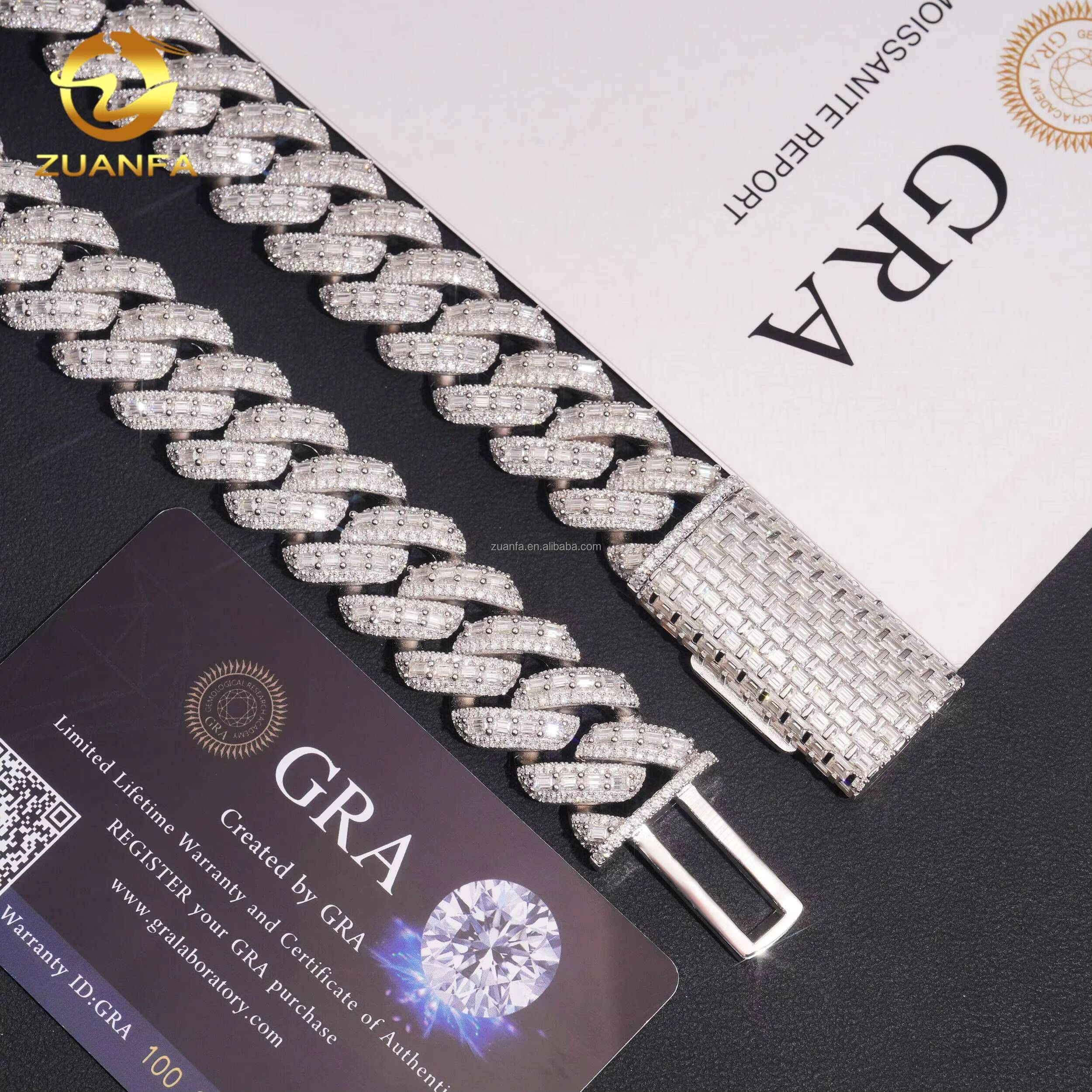 18mm High End Luxury Rapper Jewelry 925 Solid Silver Iced Out Hip Hop VVS1 Baguette Moissanite Diamond Miami Cuban Link Chain