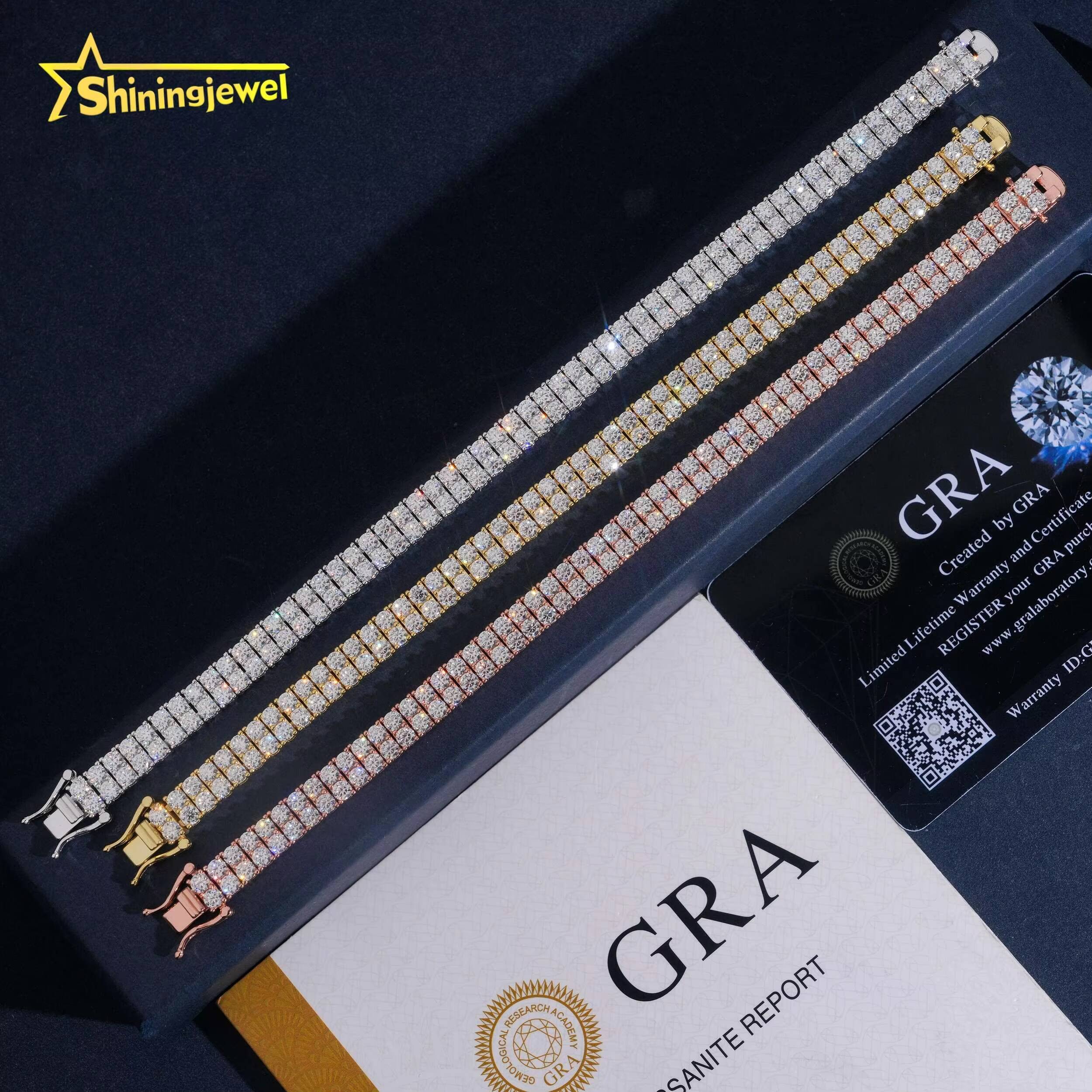 Luxury 2Rows 3mm 925 Silver Fine Hip Hop Moissanite Jewelry Bracelet Iced Out VVS Moissanite Diamond Tennis Chain Bracelet