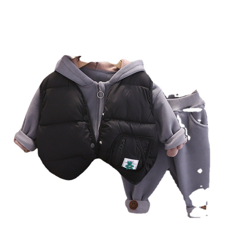 New Winter Clothing Set for Children: Cotton Jacket, Vest, Velvet, Thickened, Boys' and Girls' Winter 3-Piece Set, Baby Hoodie