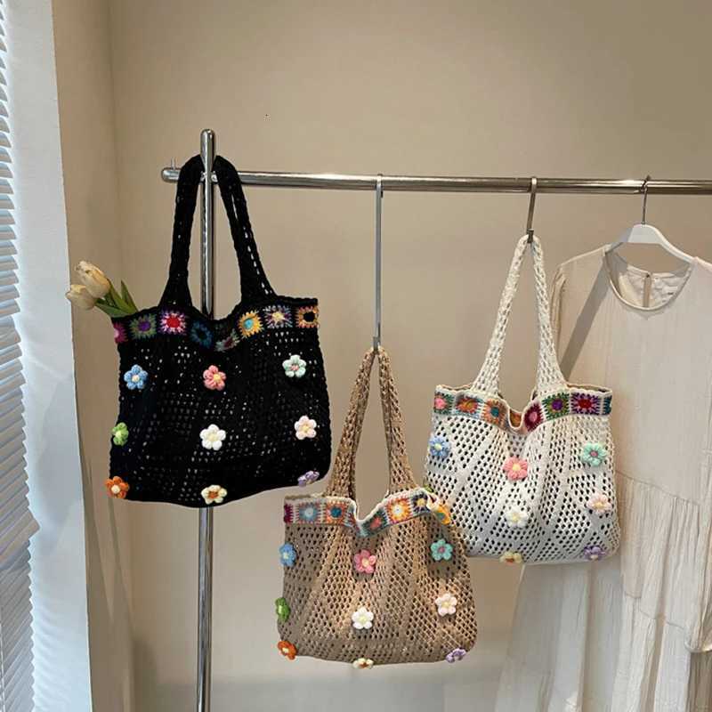 Women Knitting Out Crochet Flower Tote Bag Wear Lovely Woven Shoulder Bag Knit Shoulder Bag Seaside Trip Shopping Beach Bag Z251018