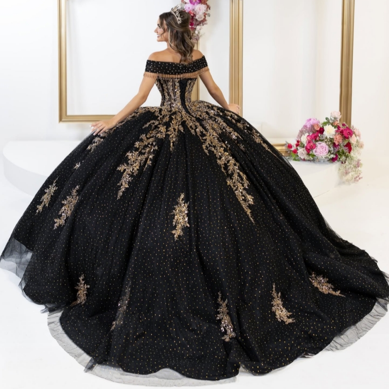 Black Shiny Quinceanera Dresses Off The Shoulder Applique Lace Beading Crystal Tull Corset Party Birthday Sweet 16 Dres Vestidos 15 De Anos