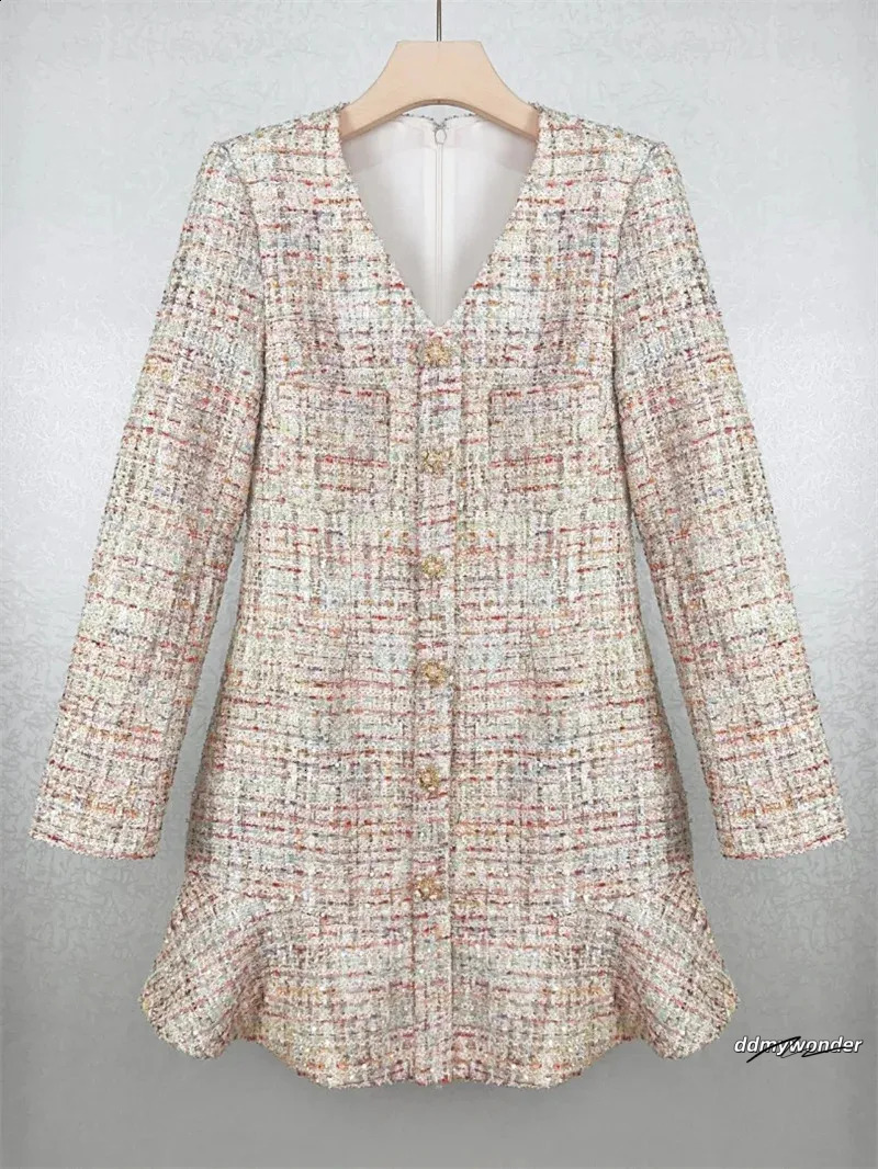 Dresses Women, Women's Tweed Mini - Elegant V-Neck Long Sleeve A-Line Ruffle Hem Short Dress For Autumn Fashion Ddmywonder