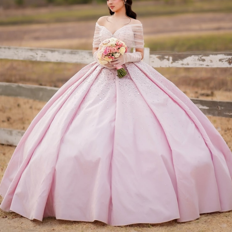 Pink Quinceanera Dresses Off The Shoulder Beading Crystal Tull Party Birthday Sweet 16 Dres Vestidos 15 De Anos